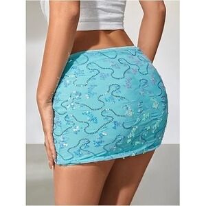 NWT MakeMeChic Aqua Sequin Mesh Micro Skort Mermaid Festival XS